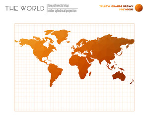World map with vibrant triangles. Miller cylindrical projection of the world. Yellow Orange Brown colored polygons. Elegant vector illustration.