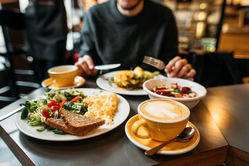 delicious breakfast of scrambled eggs and oatmeal at cafe