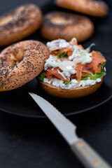 Salmon Lox Bagel with cream cheese and veggies on a dark setting