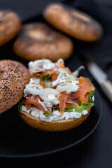Salmon Lox Bagel with cream cheese and veggies on a dark setting