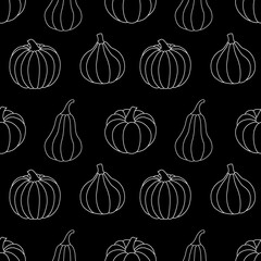 Seamless pattern with white outline pumpkins on a black background. Vector illustration. For minimalistic background decoration, cards, banners, holiday designs, prints, wrappings, textiles, fabrics.