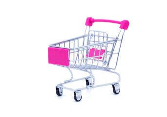 A shopping cart with pink handle to show department store,supermarket,empty isolate on white...