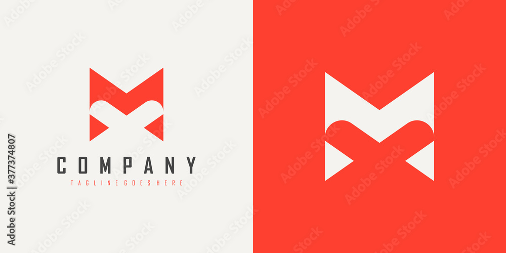 Poster abstract initial letter v and m linked logo. red and white geometric shape arrow style isolated on d