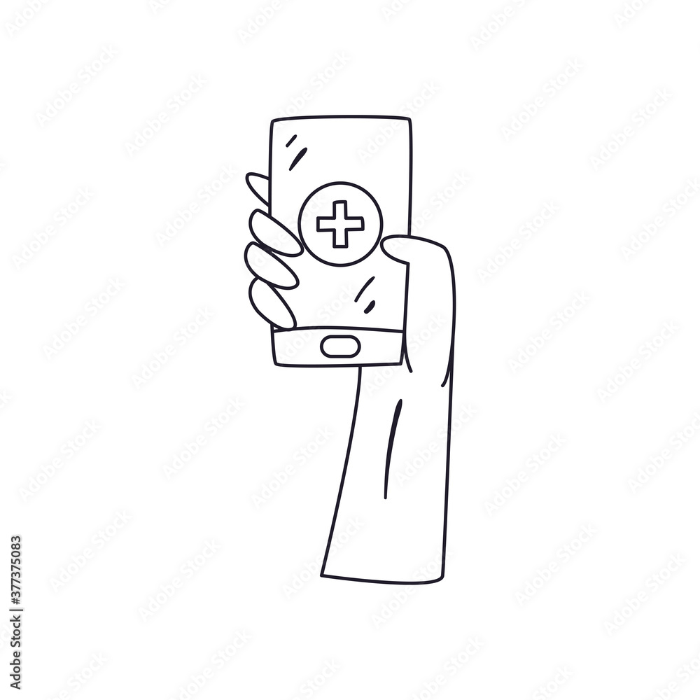 Poster hand holding smartphone with cross line style icon vector design