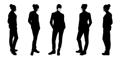 Vector concept conceptual  silhouette women taking while social distancing as means of prevention and protection against coronavirus contamination. A metaphor for the new normal.