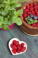 No-bake chocolate cake with cream cheese. Garnished with raspberries, blueberries and mint leaves. Nearby is a pot of growing mint. On the surface of pine boards painted in black and white.