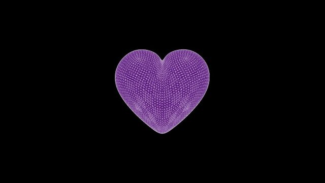 Animated purple heart shape with white net comes from background rotates beats few times and going into background again, come forward and beats again.