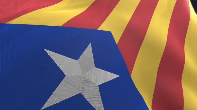 
3d waving Catalunya pro-independence flag a traditional design with four red stripes over a yellow field with a blue triangle at the hoist containing a five-pointed white star