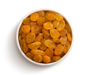 Top view of raisins isolated on white background
