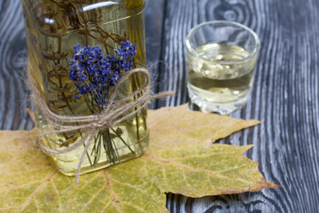 A bottle of lavender tincture. A bouquet of lavender is tied to the bottle. Nearby is a glass of drink and a dried maple leaf. On pine planks painted black and white.