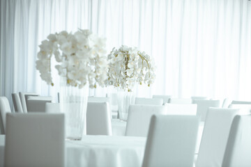 Empty restaurant luxury interior background. Empty chair and table inside room photo. White restaurant interior.