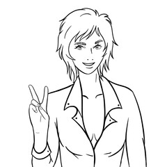 girl shows the victory sign with her fingers contour illustration