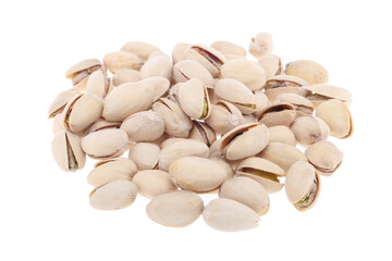 Pistachios in white porcelain bowls. Roasted pistachio seeds in shells and shelled. Green, dried fruits, whole and chopped. Pistacia vera. Isolated food photo close up from above on white background.