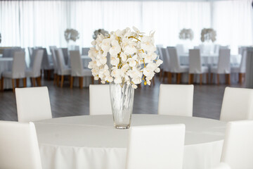 Empty restaurant luxury interior background. Empty chair and table inside room photo. White restaurant interior.