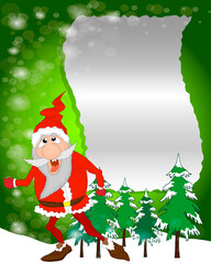 Santa holding a blank sign with snowing background.