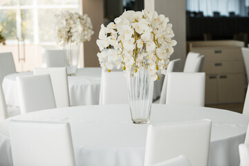 Empty restaurant luxury interior background. Empty chair and table inside room photo. White restaurant interior.