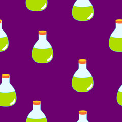 Seamless pattern with green magic potion bottles on purple background. Cartoon style. Fairy tale drink. Pharmacy and chemistry. Cosmetics and skin care. Medicine and health care. For packaging design