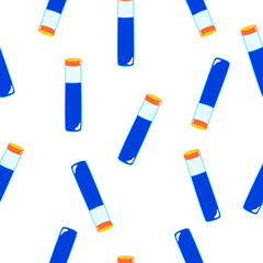 Seamless pattern with blue magic potion bottles on white background. Cartoon style. Fairy tale drink. Pharmacy and chemistry. Cosmetics and skin care. Medicine and health care. For packaging design