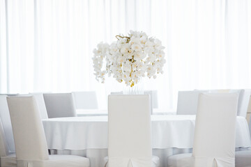 Empty restaurant luxury interior background. Empty chair and table inside room photo. White restaurant interior.