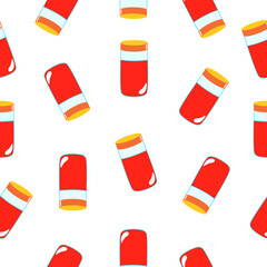 Seamless pattern with red magic potion bottles on white background. Cartoon style. Fairy tale drink. Pharmacy and chemistry. Cosmetics and skin care. Medicine and health care. For packaging design