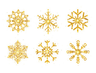 Gold glitter snowflakes set on white background. Shining snowflake with sparkles and star. Christmas and New Year greeting card. Golden luxury design element. Holiday ornament. Vector illustration