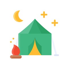 free time related cammping tent with fire and moon vector in flat style,