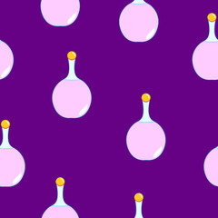 Seamless pattern with pink magic potion bottles on purple background. Cartoon style. Fairy tale drink. Pharmacy and chemistry. Cosmetics and skin care. Medicine and health care. For packaging design