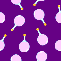 Seamless pattern with pink magic potion bottles on purple background. Cartoon style. Fairy tale drink. Pharmacy and chemistry. Cosmetics and skin care. Medicine and health care. For packaging design