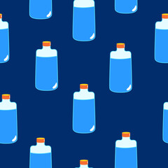 Seamless pattern with blue magic potion bottles. Cartoon style. Fairy tale drink. Pharmacy and chemistry. Cosmetics and skin care. Medicine and health care. For packaging design