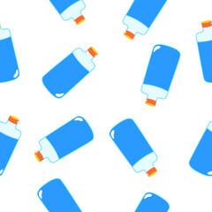 Seamless pattern with blue magic potion bottles on white background. Cartoon style. Fairy tale drink. Pharmacy and chemistry. Cosmetics and skin care. Medicine and health care. For packaging design