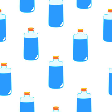 Seamless pattern with blue magic potion bottles on white background. Cartoon style. Fairy tale drink. Pharmacy and chemistry. Cosmetics and skin care. Medicine and health care. For packaging design