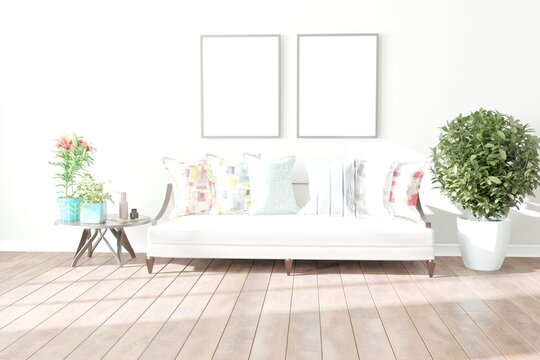 modern room with sofa,pillows,plant,frames and table interior design. 3D illustration