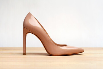 Fashion high heels women shoes beige color. Stiletto shoe style in ladies wardrobe. High fashion...