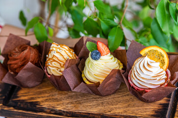 assorted desserts cupcake with different fillings on a wooden board