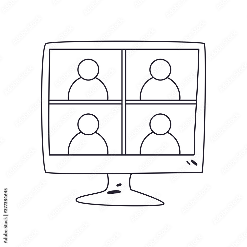 Poster people on computer in video chat line style icon vector design