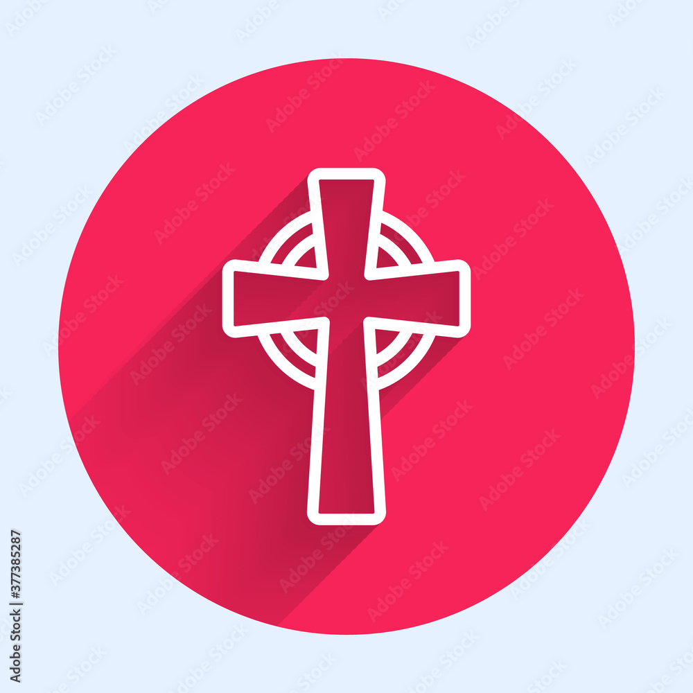 Poster white line tombstone with cross icon isolated with long shadow. grave icon. red circle button. vecto