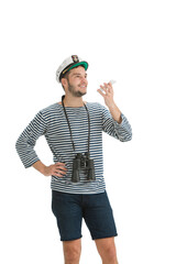 Recording voice. Caucasian male sailor in uniform on white studio background. Young man using modern devices and gadgets in his work. Concept of tech, professional occupation, job of seaman.