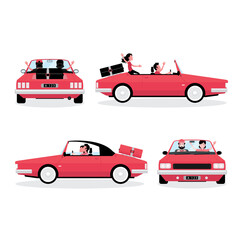 Naklejka premium A cartoon showing traveling by car feature a set of four cars with people driving