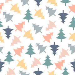 Christmas tree pattern seamless white background. Colorful forest trees vector illustration in pastel colors.