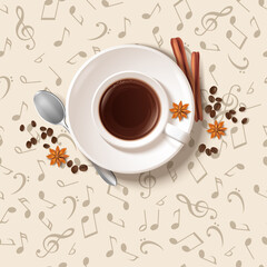 Coffee cup with spices on table. Fresh coffee. Morning . Breakfast. Christmas aromatic coffee with spices.