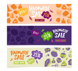Horizontal Halloween sale banner templates with traditional holiday character and decoration