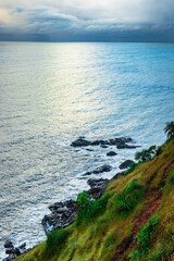 mountain cliff view with sea shore at morning