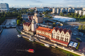 Obraz premium Aerial view of a Kaliningrad, former Koenigsberg, Kaliningrad Oblast, Russia, with Fishermen Village and Konigsberg Cathedral