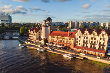 Aerial view of a Kaliningrad, former Koenigsberg, Kaliningrad Oblast, Russia, with Fishermen Village and Konigsberg Cathedral