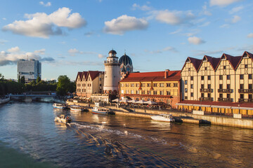 Aerial view of a Kaliningrad, former Koenigsberg, Kaliningrad Oblast, Russia, with Fishermen Village and Konigsberg Cathedral