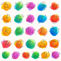 Alphabet on colorful fluid watercolor abstract shape background.