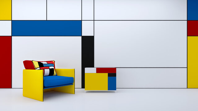 De stijl interior with chair and table.Composition with red,blue,yellow,black and white.3d rendering