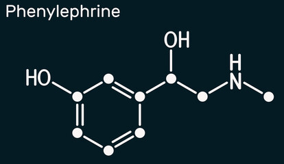 Phenylephrine molecule. It is nasal decongestant with potent vasoconstrictor property. Skeletal chemical formula on the dark blue background