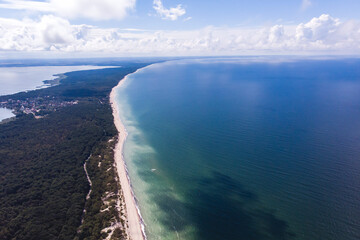 Beautiful aerial drone wide view of Curonian spit, Kurshskaya Kosa National Park, Curonian Lagoon...