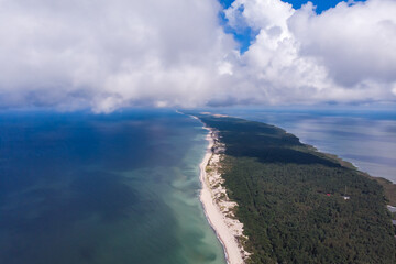 Beautiful aerial drone wide view of Curonian spit, Kurshskaya Kosa National Park, Curonian Lagoon and the Baltic Sea,  Kaliningrad Oblast, Russia and Klaipeda County, Lithuania, summer sunny day